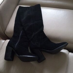 Nine West Roxana Black Suede Knee-Hi Block Heel Boots Size 6.5